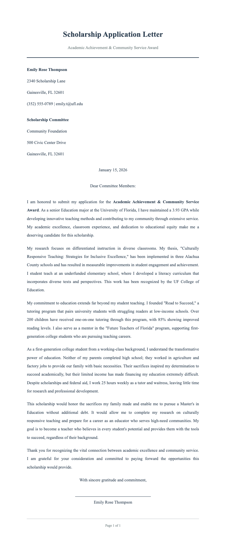 Double Spaced Scholarship Letter